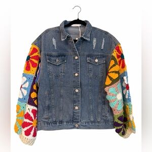 Miracle Medium Wash Granny Square Crochet Distressed Denim Jean Jacket S/M